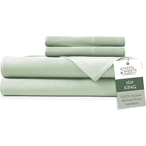 Hotel Sheets Direct 4 Piece Bed Sheet Set King Size, 100% Viscose Derived from Bamboo Sheets Set with 2 Pillowcases, Cooling & Breathable Luxury Bedding, Moisture-Wicking & Silky Soft, Light Green