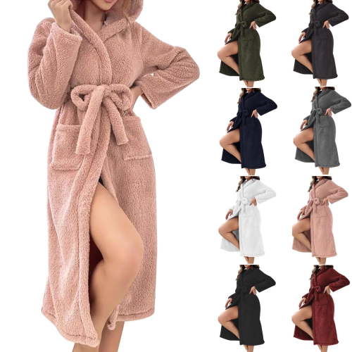 purcolt Women's Long Fleece Robes with Hood Soft Plush Bathrobe Winter Warm Flannel Nightgowns Long House Coat Luxury Dressing Gown with Pockets
