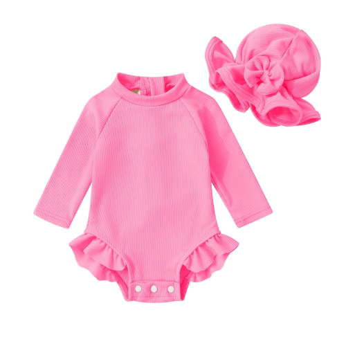 Happy Town Infant Girls Swimsuit 0-24M Long Sleeve One-Piece Rash Guard Swimsuit with Hat,UPF 50+