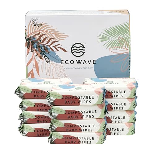 Eco Wave Baby Wipes, 100% Compostable Eco-Friendly Bamboo Wipes, Unscented, Hypoallergenic, Vegan, Alcohol-Free, Suitable For Sensitive Skin (Pack of 12)