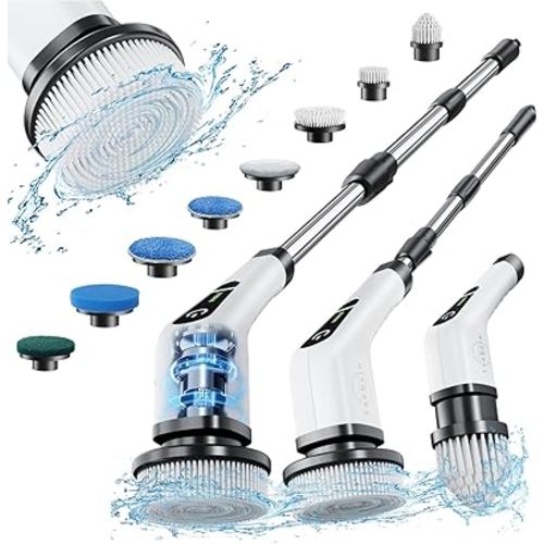 Leebein Electric Spin Scrubber, 2025 New Cordless Cleaning Brush Bathroom Scrubber, IPX7 Waterproof Shower Scrubber with 7 Brush Heads, Extendable Long Handle and 2 Speeds Scrubber for Bathtub Floor