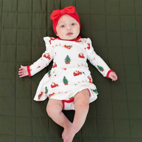 Long Sleeve Twirl Bodysuit Dress in Santa Sleigh