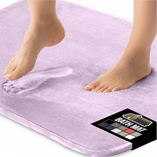 GORILLA GRIP® Memory Foam Bath Mat, Soft Absorbent Velvet Bathroom Mats, Durable Dots on Underside, Machine Washable Bathmat, Carpet Rug Room Decor for Shower Tub Floor RV, 24x17 Rugs, Purple