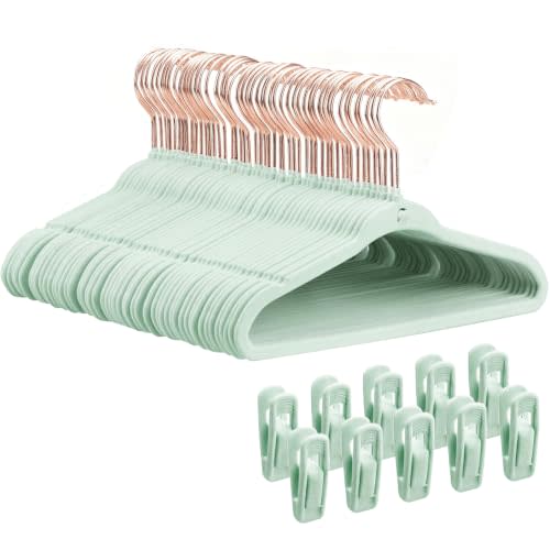 Baby Hangers, Newborn Hangers with Clips, 11 Inch, Green, 50 Pack | Non-Slip Felt, 10 Removable Clips for Pants, Space-Saving Stackable Design, 0.2" Thin, 360° Rose Gold Hooks, Premium Durable