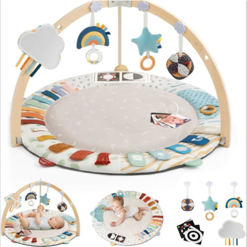 Blissful Diary Baby Play Gym & Activity Mat, 5 Developmental Zones Wooden Tummy Time Mat with 5 Detachable Sensory Toys for Motor Skills & Sensory Development, Baby Essentials Shower Gift