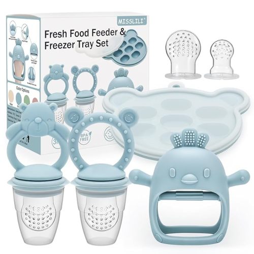 Baby Silicone Fruit Food Feeder Pacifier & Breastmilk Popsicle Freezer Molds,BPA Free Baby Food Storage Containers Frozen Ice Tray for Baby Feeding Safely, Infant Fruit Teething Toy (Blue)