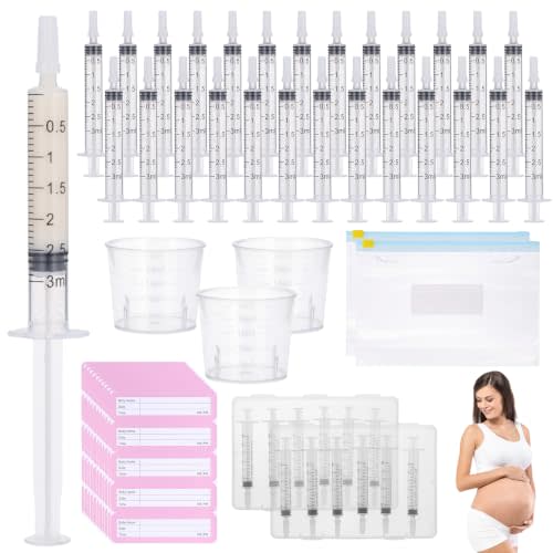 50 PCS Colostrum Collection Kit, 3ml Colostrum Collector, Breast Milk Collector Syringes with Caps, Measuring Cups, Label Stickers, Freezer Box and Storage Bags, Newborn Gift Set for Breastfeeding
