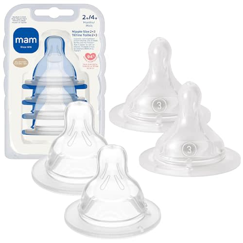 MAM Baby Bottle Nipple Mixed Flow Pack, Medium Size 2 and Fast Flow Size 3 for Babies 2+ Months, Skin Soft BPA Free Silicone, 94% Nipple Acceptance, Fits All MAM Bottles, 4 Pack, Made in Europe