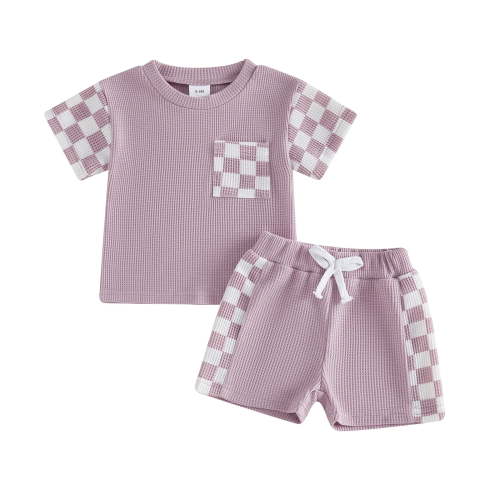Baby Boy Summer Clothes Toddler Infant Plaid Patchwork Outfit Short Sleeve Round Neck Tops and Casual Shorts Set