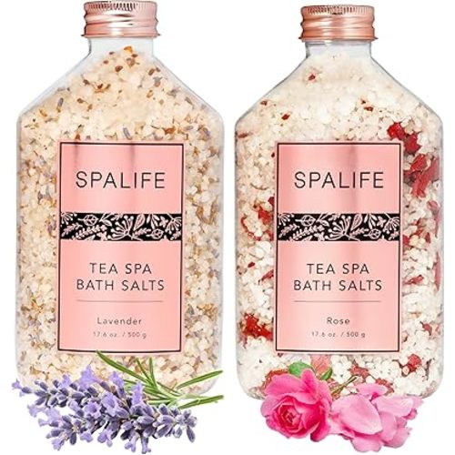 SpaLife Effervescent Rose & Lavender Bath Salts for Women Relaxing | All Natural Aromatherapy Dead Sea Salt Bath Soak Duo | Real Flower Petals for Relaxing Mineral Baths | 2-Pack (35.2 oz)