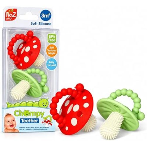 RaZbaby Soft Silicone Infant & Baby 3M+ Teether Toy Massaging Bristles Teething Relief Pacifier - Soothes Sore Gums - Hands-Free & Easy-to-Hold Chompy Teether, BPA Free (RED/Green)