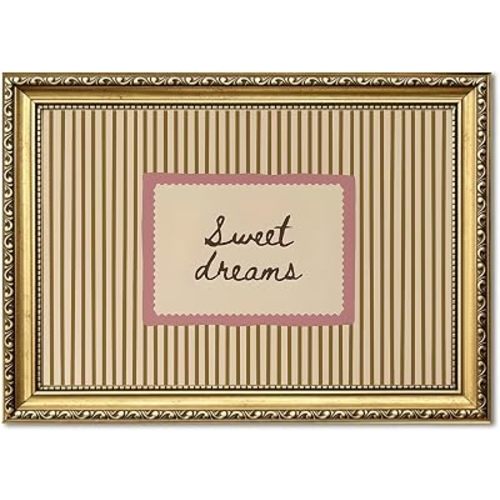 Sweet Dreams Wall Art Cute Coquette Quote Sign Wall Decor Picture Trendy Girl Striped Poster Canvas Print for Bedroom Living Room 12x16 inch Gold Framed