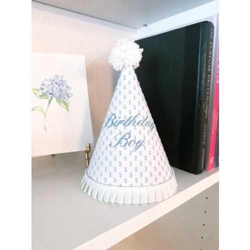 Blue Swiss Dot Custom Heirloom Birthday Party Hat with Pom | Embroidery Fabric Party Decor | Classic Birthday Decoration