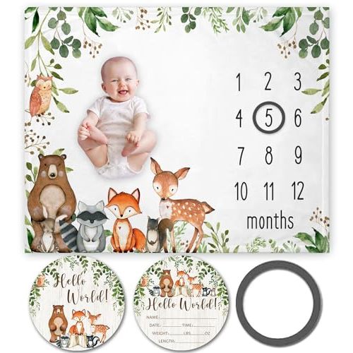 Yuzioey Woodland Animals Baby Milestone Blanket with Birth Stat Sign, Forest Baby Growth Chart Monthly Blanket, Watch Me Grow Woodland Baby Nursery for New Moms Baby Shower(50"x40")