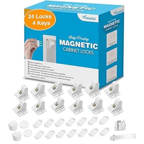 Vmaisi Adhesive Magnetic Locks for Cabinets & Drawers (24 Pack and 4 Keys + Cradle)