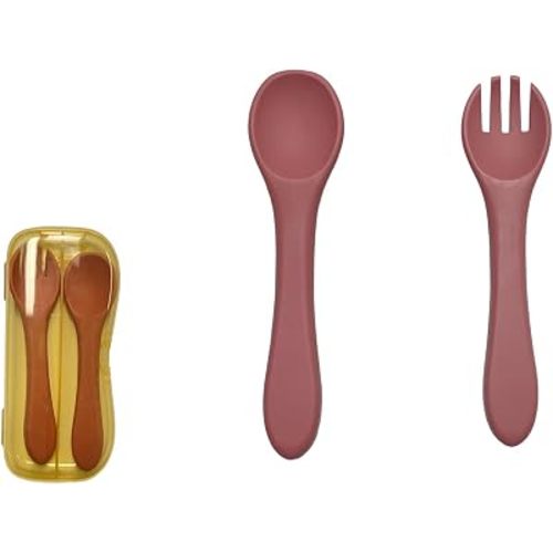 2 Pack Silicone Baby Spoon and Fork Set, First Stage Toddler Self Feeding Utensils, First Stage Feeding Spoons for Infants, Baby LED Weaning Feeding Supplies Training Spoon, Toddler Utensils