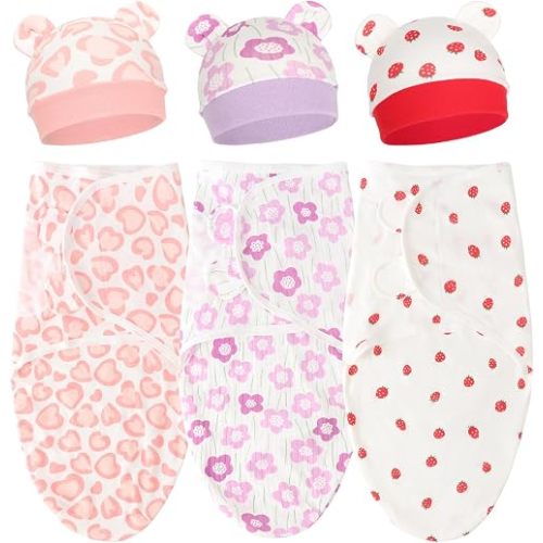 DRESHOW BQUBO 3 Pack Newborn Baby Swaddle Blanket with Hats Infant Adjustable Velcro Swaddling Wraps with Bear Ears Cap for 6-12 Lbs Newborns & 0-3 Months Girls Boys