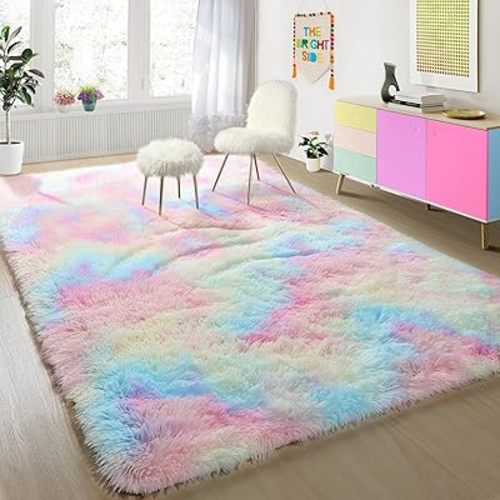 4x6 Rainbow Fluffy Soft Plush Area Rugs for Girls Bedroom, Shaggy Vibrant Rugs for Kids Playroom,Kawaii Princess Fuzzy Rugs for Nursery Baby Toddler,Cute Colorful Room Decor for Teenage