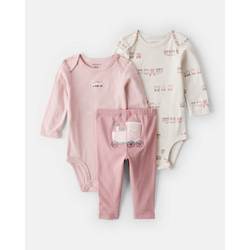 Baby Girl 3-Piece Train Print Long-Sleeve Bodysuit & Pant Set - Pink - Carter's | Carter's