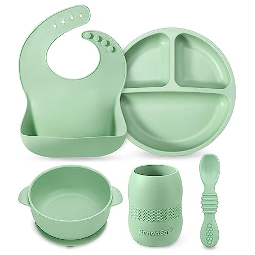 PandaEar Silicone Baby Feeding Set - 6-12 Months | LED Weaning Supplies - Bib + Plate with Suction + Cup + Bowls and Spoon