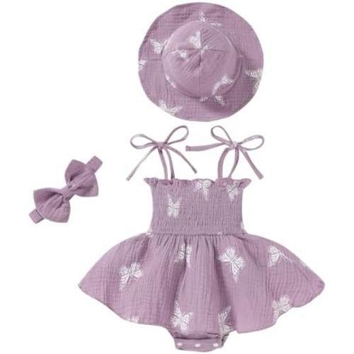 Happy Town Baby Girl Clothes Toddler Summer Sleeveless Romper Dress with Headband and Hat Cute Infant Jumpsuit Outfits