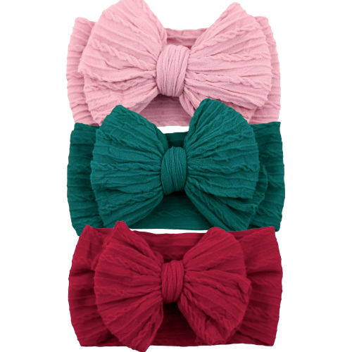 3-Pack Cable Bows, Cranberry/Emerald/Pastel Rose