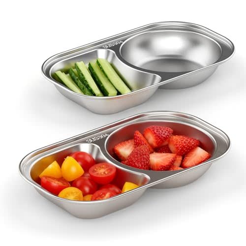 Bakpoco 2PCS Stainless Steel Toddler Plates with 2 Dividers, Kids Plates for Snack Portion Control, Small Divided Plate for Baby Feeding & Adults Camping, Non-toxic Dishwasher Safe Metal Dish