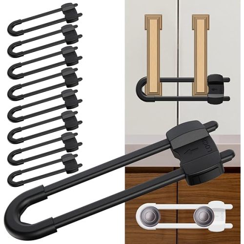 Baby Proof Cabinet Locks No Drilling Required, Adjustable Child Safety Latches for Cabinets Drawers Kitchen Doors, 10 Pack Black