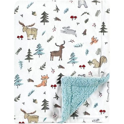 Hudson Baby Unisex Baby Plush Mink and Sherpa Blanket, Woodland Friends, One Size