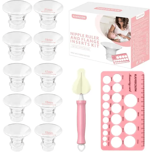 Flange Sizing Kit 10PCS 13/15/17/19/21mm with Nipple Measurement Card & Cleaning Brush, Silicone Flange Inserts for 24mm Breast Pump Shields/Pumps Accessories