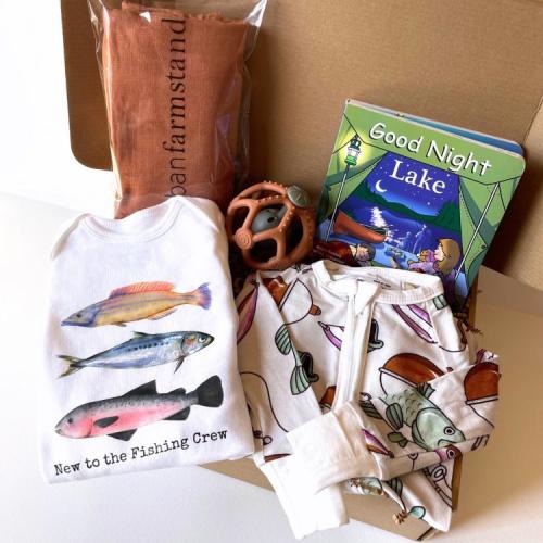Fishing Baby Gift Set Bundle Baby Shower Present Box Newborn Outfit Lake Theme Nursery Decor Outdoor Baby Gift Set Bamboo Swaddle Teether