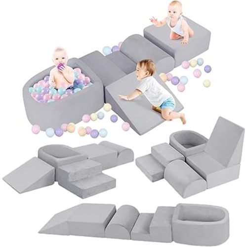 Foam Climbing Blocks for Toddler, Toddler Climbing Toys Indoor, Kid Baby Climbing Toys Blocks with Ball Pit for Baby, Soft Play Set Playground (Balls not Included) (Grey)