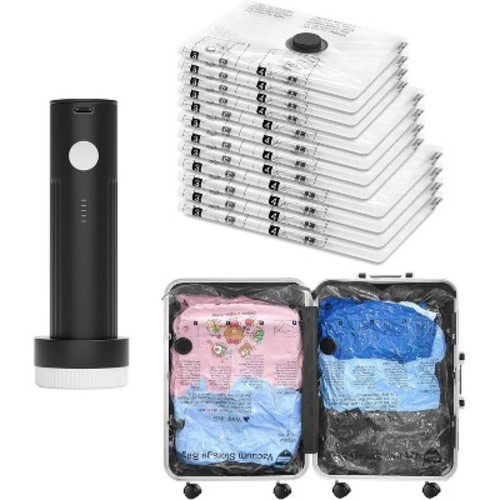 12 Pack Travel Vacuum Bags With Rechargeable Air Pump - Compression Packing Cubes For Backpack and Suitcase