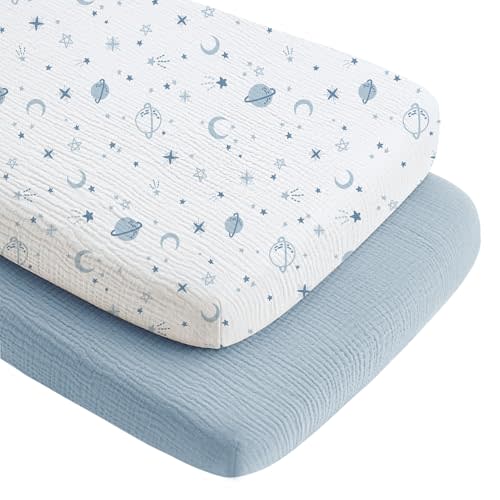 Konssy 2 Pack Muslin Bassinet Sheets 33" x 21", 100% Cotton Soft Bedside Sleeper Bassinet Sheets, Compatible with Baby Delight, Dream On Me, AMKE and Other Rectangle Mattress (Star,Blue)
