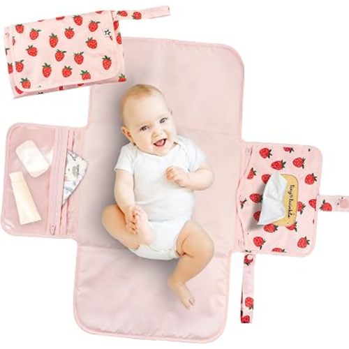 Tiny Twinkle Portable Diaper Changing Pad | Waterproof, Wipeable & Compact Baby Changing Pad for Travel | Smart Wipes Pocket & Organized Storage| Newborn Shower Gift (Strawberries)