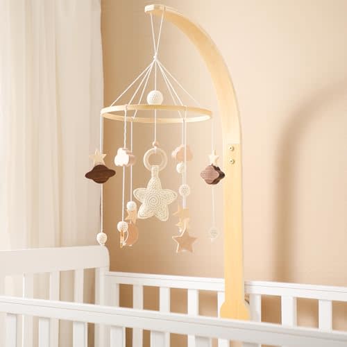 let's make Baby Crib Mobile with Arm Boho Star Moon Nursery Mobile Set Wooden Baby Mobile Holder for Hanging Nursery Decor Ceiling Mobile