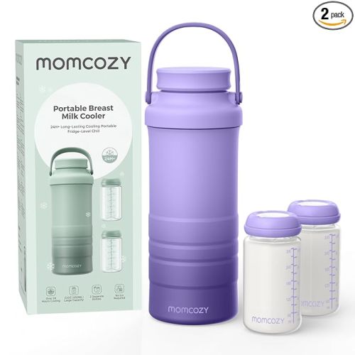 Momcozy 22oz Portable Breast Milk Cooler for Outdoor, Life Saver with 360° Total Cooling for 24 Hours, Larger Capacity Travel Breastmilk Chiller with 2pcs Baby Bottles for Breastmilk Storage, Purple