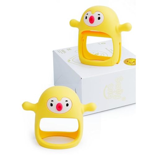 Smily Mia 2pk Penguin Teethers, TeethingToys for Babies 0-6Months, Baby Teethers for 3-6Months, Teething Mittens for Infants, Pacifiers for Breastfed Babies, Light Yellow