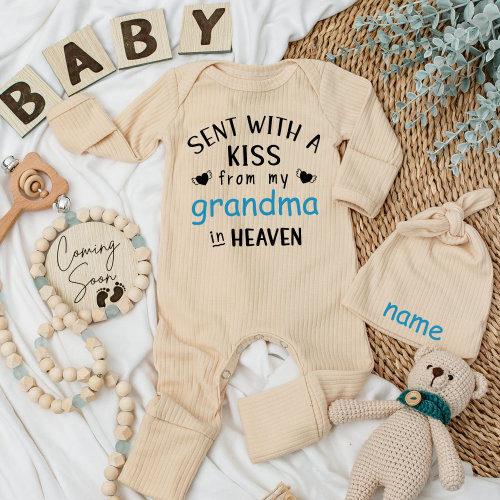 Sent With A Kiss By My Grandma In Heaven Baby Bodysuit, Custom, Baby Shower Gift, Guardian Angel, Personalized Baby Bodysuit, Feather, Birds