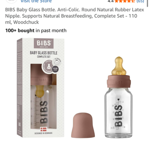 BIBS Baby Glass Bottle. Anti-Colic. Round Natural Rubber Latex Nipple. Supports Natural Breastfeeding, Complete Set - 110 ml, Woodchuck
