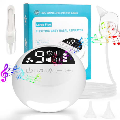 Baby Nasal Aspirator, Nose Booger Sucker for Baby with 9 Levels & 70 KPa Strong Suctions, Electric Nose Cleaner for Toddler & Newborn, 3 Level Soothe Light & 10 Lullabies, 3 BPA Free Silicone Tips