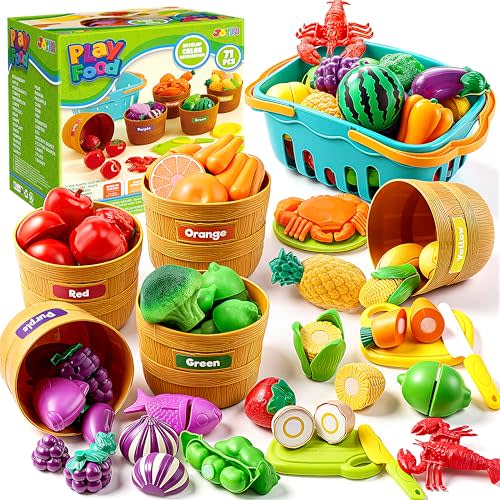 JOYIN Learning Toys Play Food Set for Kids, Cutting Food for Preschool Activities, Play Kitchen Accessories, Educational Toys, Color Sorting Set for Boys & Girls, Back to School Gifts for Kids