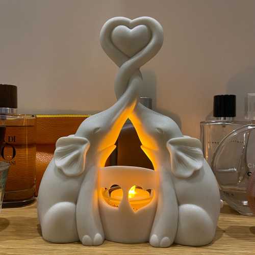 Elephant Love Candle Holder Statue - Elegant Elephant Decor for Home, Anniversary, Valentine's, or Housewarming Gift Idea + Flickering LED