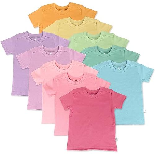 HonestBaby 10-Pack Short Sleeve T-shirts 100% Organic Cotton Baby, Toddler, Little Kids, Boys, Girls, Unisex, Rainbow Girl, 12 Months