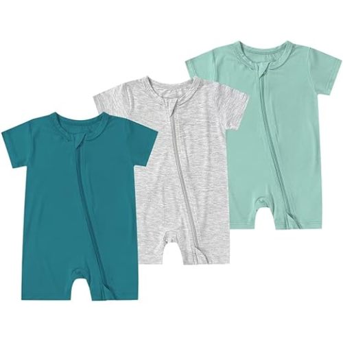 Teach Leanbh Unisex Baby 3 Pack Bamboo Viscose Pajamas 2 Way Zipper Short Sleeve Romper Jumpsuit Sleep and Play