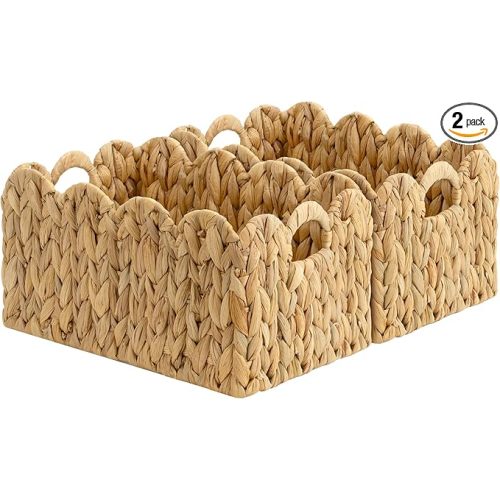 StorageWorks Scalloped Water Hyacinth Baskets, Hand-woven Rattan Baskets with Built-in Handles, Cute Baby Basket for Nursery, Basket for Organizing and Decor, 13"L x 8¼"W x 7"H