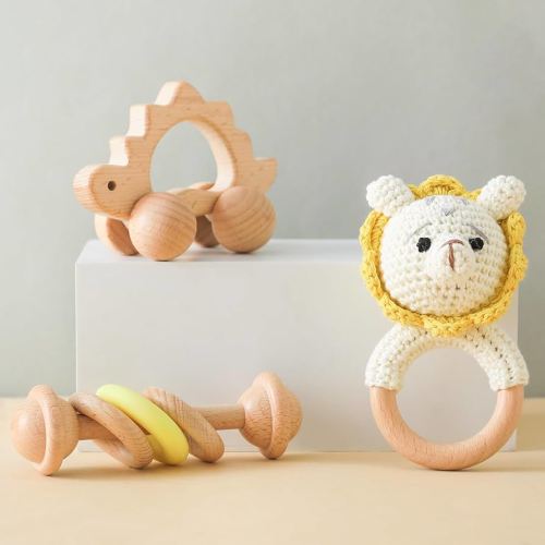 Wooden Baby Rattle 3 PCS Push Car Rattle Set Crochet Rattle Ring Wooden Montessori Toy for Newborn Infant Baby Gifts (Lion Rattle)
