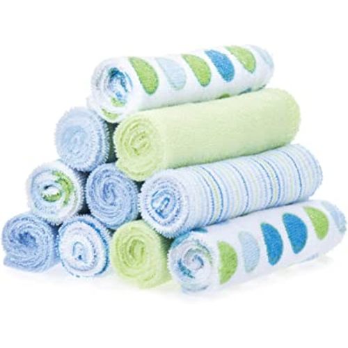 Spasilk Washcloth Wipes Set for Newborn Boys and Girls, Soft Terry Washcloth Set, Pack of 10, Blue Dots