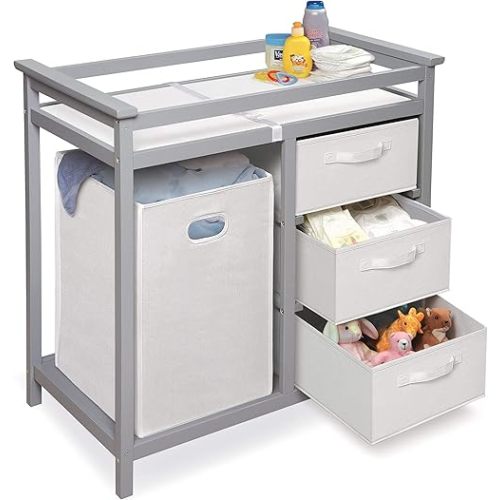 Badger Basket Modern Baby Changing Table - Nursery Furniture with Laundry Hamper and 3 Storage Drawers - Diaper Changing Station with Safety Belt, Changing Pad, Organizer Baskets - Cool Gray and White