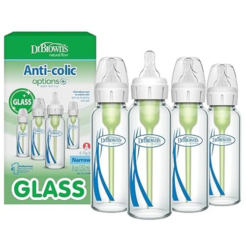 Dr. Brown's Anti-Colic Options+ Narrow Glass Baby Bottle with Level 1 Slow Flow Nipple, BPA-Free, 8 oz/250 mL, 0m+, 4-Pack (Packaging May Vary)
